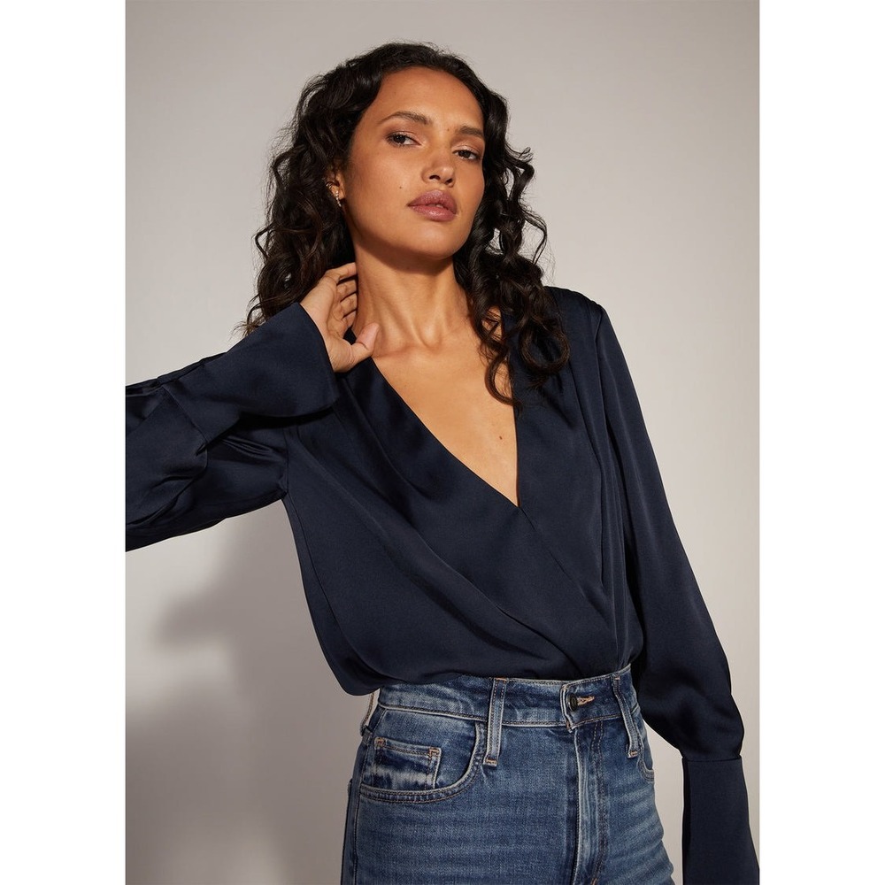 Favorite Daughter Navy Satin Wrap Bodysuit